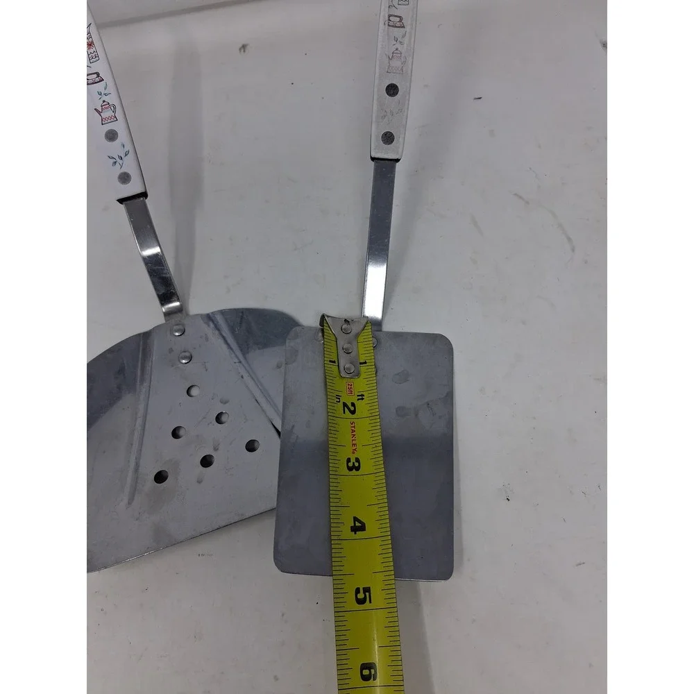 Vintage Stainless Steel Spatula Set Retro Teapot Pattern White Handles 2 Piece O